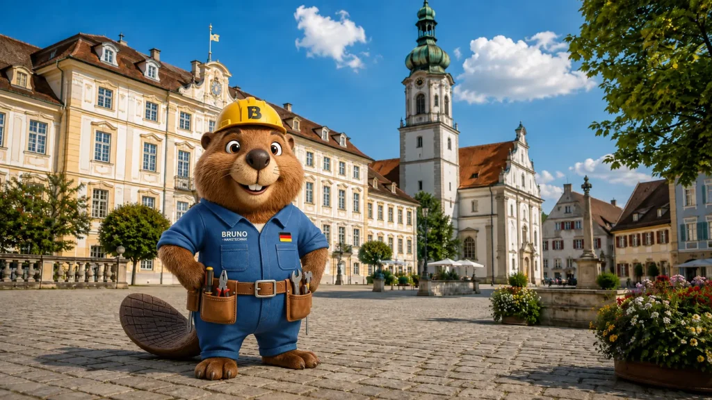 Bruno der Biber auf einem historischen Platz in Bad Wurzach.