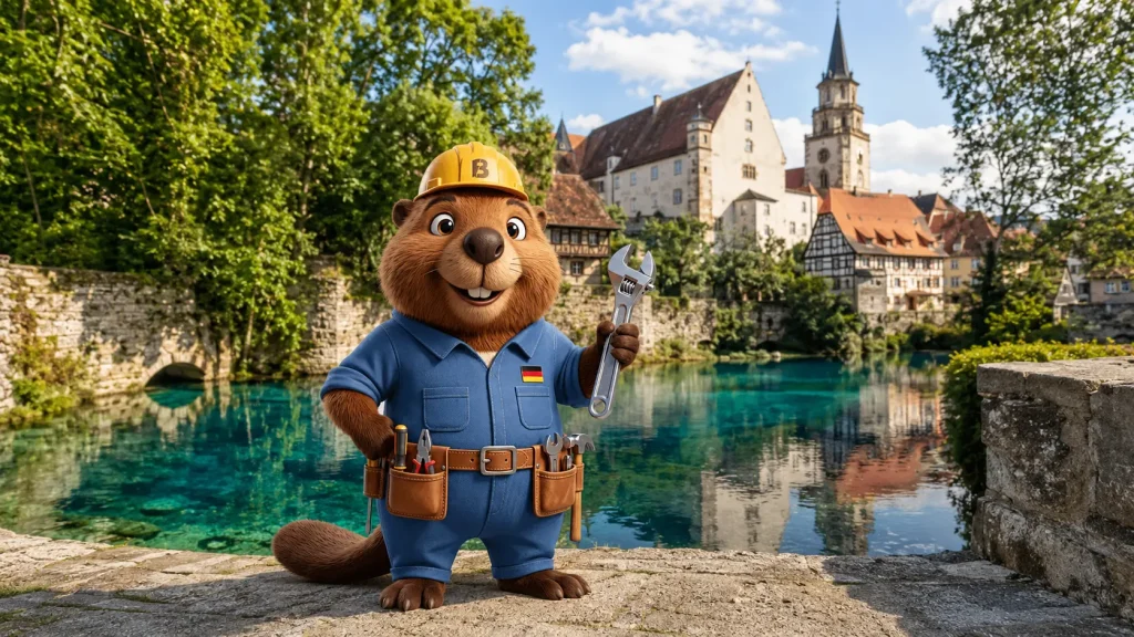 Bruno der Biber steht vor einer historischen Stadtkulisse in Blaubeuren.