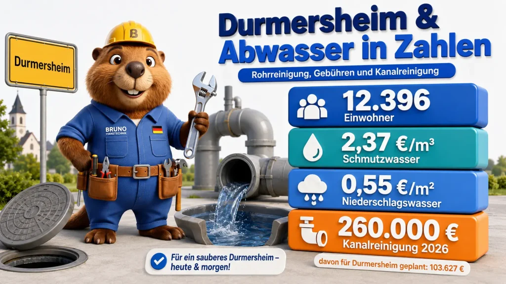 3D-Infografik mit Bruno dem Biber zur Rohrreinigung in Durmersheim mit Zahlen zu Einwohnern, Schmutzwasser, Niederschlagswasser und Kanalreinigung