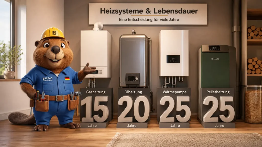 Bruno zeigt verschiedene Heizsysteme im Haus; Gasheizung, Ölheizung, Wärmepumpe und Pelletheizung werden mit großen 3D-Zahlen zur typischen Lebensdauer verglichen.