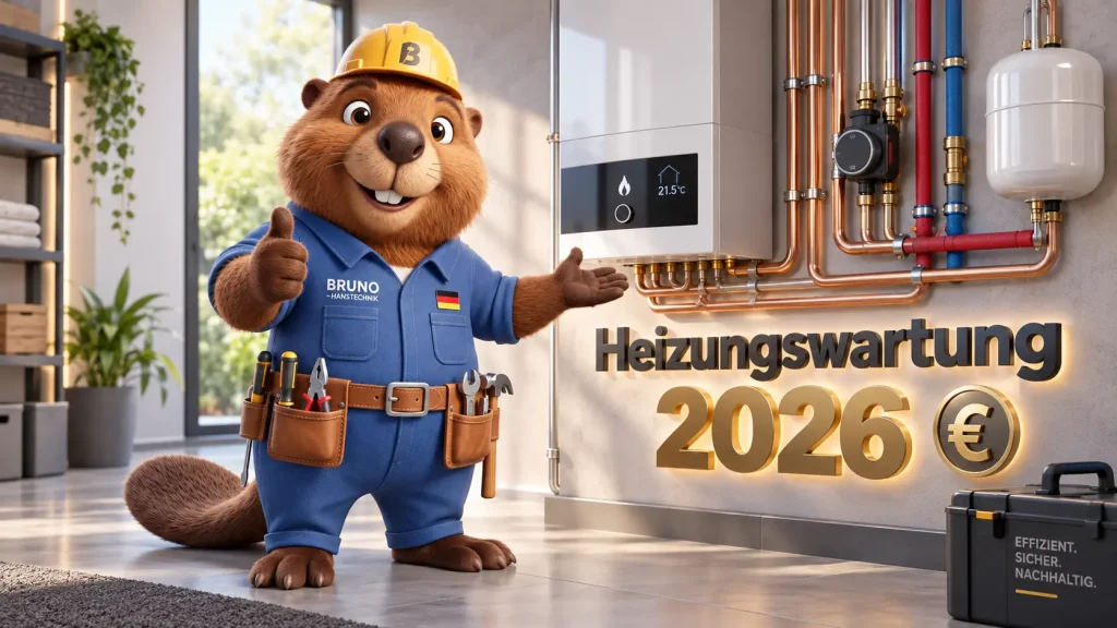 Bruno der Biber zeigt eine moderne Heizungsanlage und erklärt die Heizungswartung Kosten 2026.