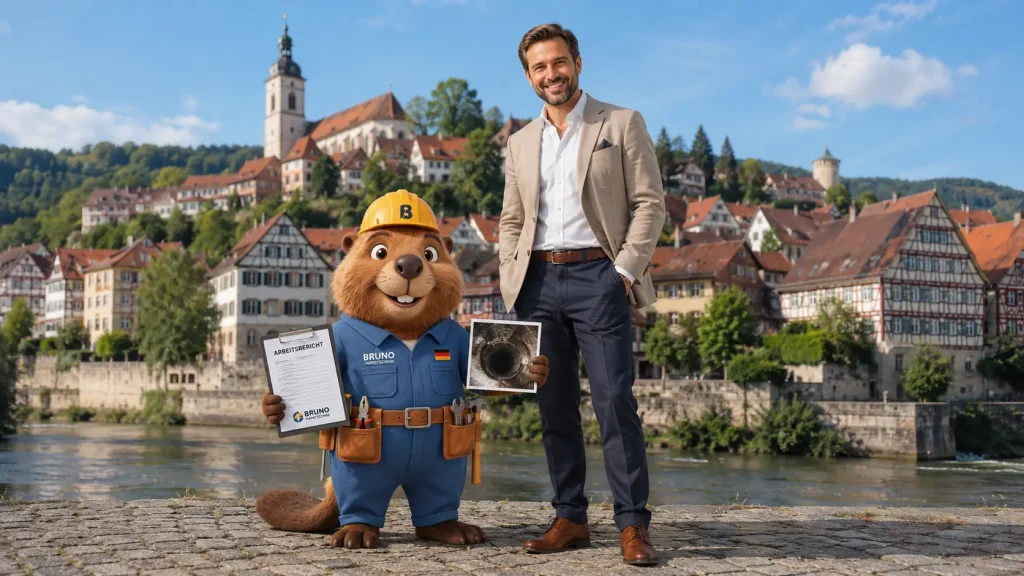 Bruno steht in Horb am Neckar mit Arbeitsbericht und Kamerafoto vor der historischen Altstadt.