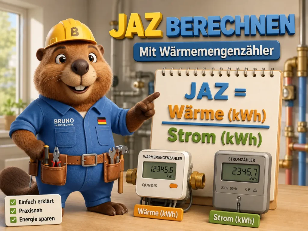 Bruno erklärt die Berechnung der Jahresarbeitszahl einer Wärmepumpe mit Wärmemengenzähler und Stromzähler.