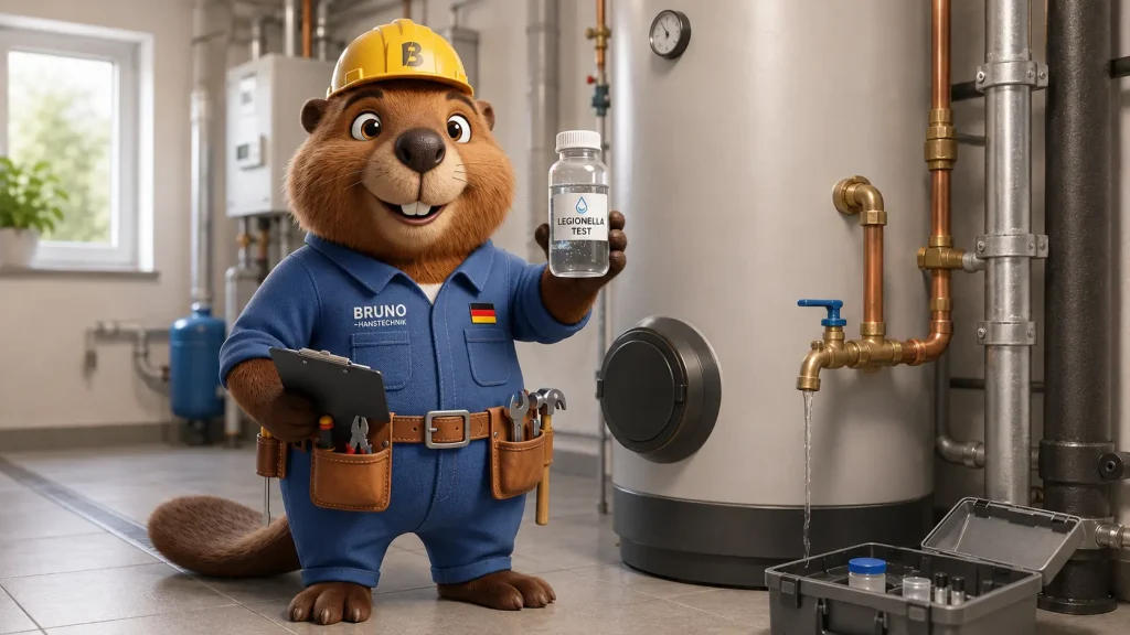 Bruno hält eine Wasserprobe für die Legionellenprüfung neben einem Warmwasserspeicher