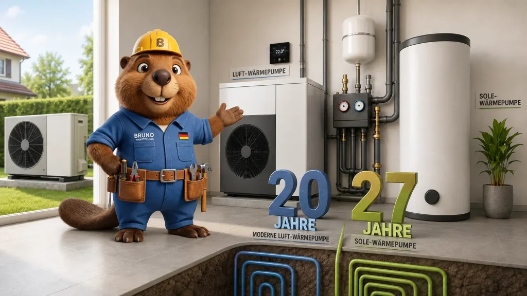 Bruno zeigt im Haus den Vergleich zwischen Luft-Wärmepumpe und Sole-Wärmepumpe; große 3D-Zahlen 20 und 27 veranschaulichen die typische Lebensdauer beider Systeme.