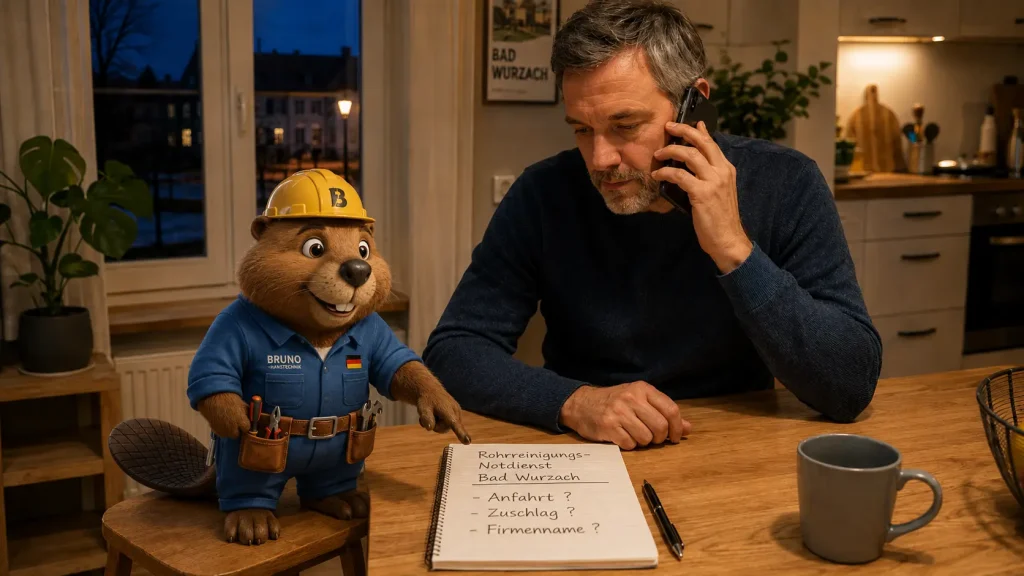 Ein Mann ruft einen Rohrreinigungs-Notdienst an, während Bruno auf wichtige Kostenfragen hinweist.