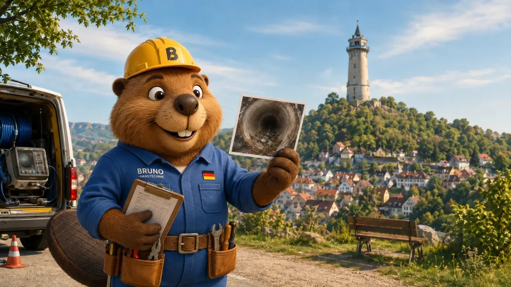 Bruno vor dem Schönbergturm in Pfullingen mit Arbeitsbericht und Foto einer untersuchten Rohrleitung.