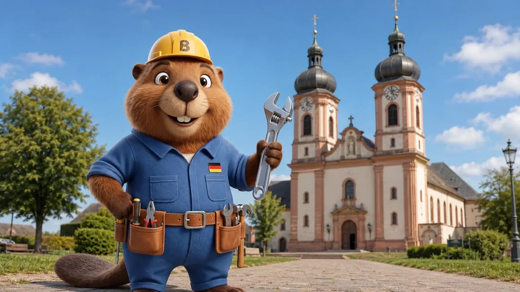 Bruno der Biber vor der Wallfahrtskirche Maria Bickesheim in Durmersheim mit Werkzeug für die Rohrreinigung