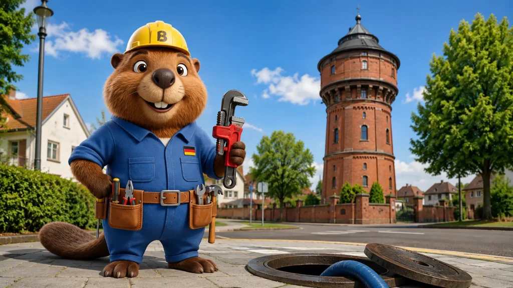 Bruno der Biber vor dem Wasserturm in Eppelheim mit Werkzeug für die Rohrreinigung