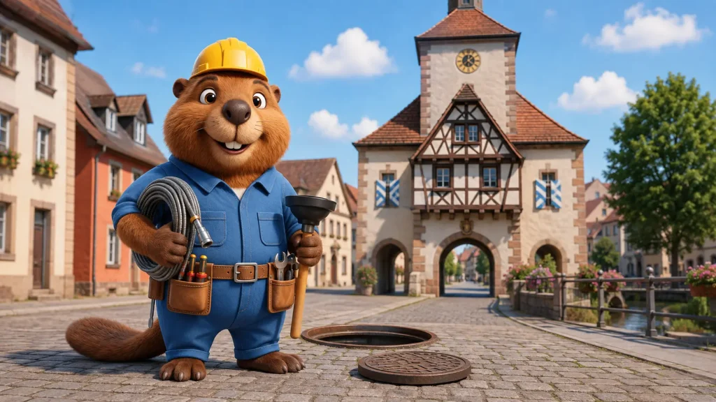 Bruno der Biber mit Werkzeug für die Rohrreinigung in der Altstadt von Herbolzheim