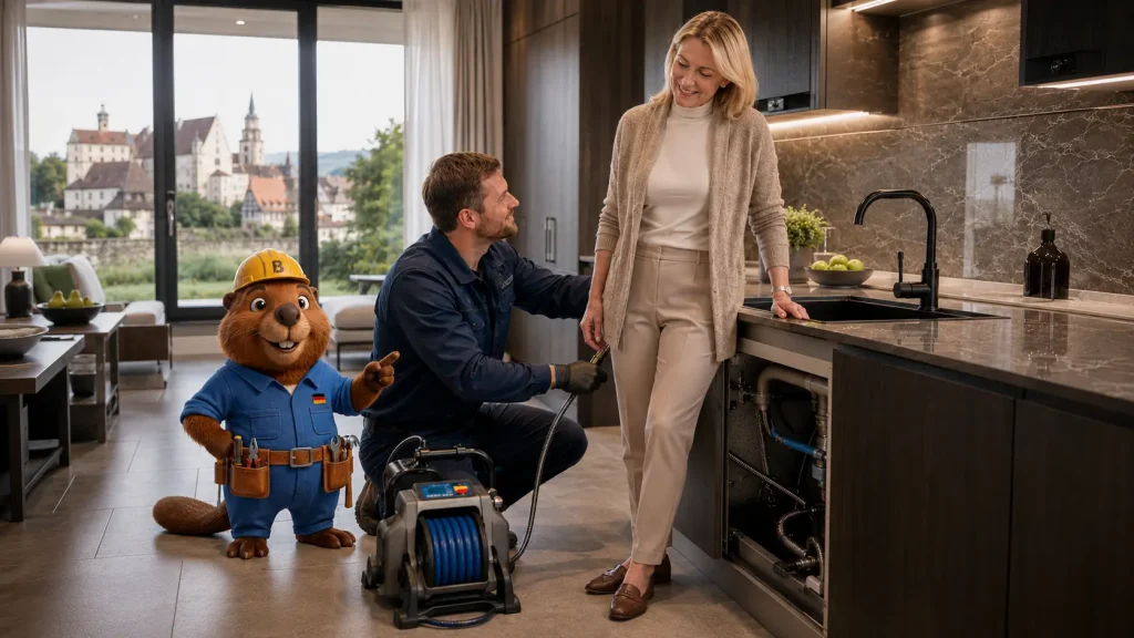 Ein Fachmann prüft die Küchenleitung in einer hochwertigen Wohnung, während eine Frau und Bruno der Biber daneben stehen.