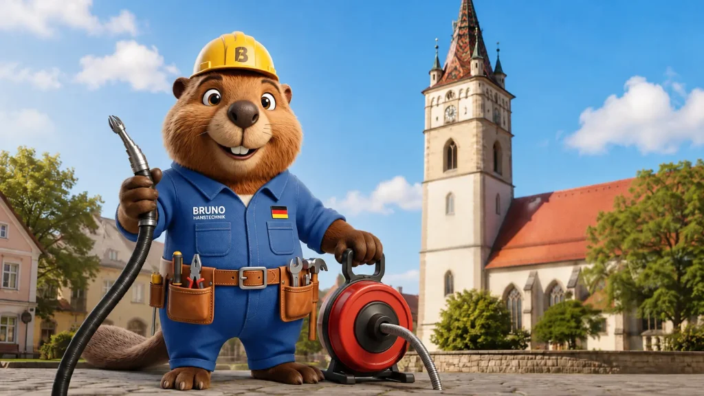 Bruno der Biber vor der Martinskirche in Langenau mit Werkzeug für die Rohrreinigung
