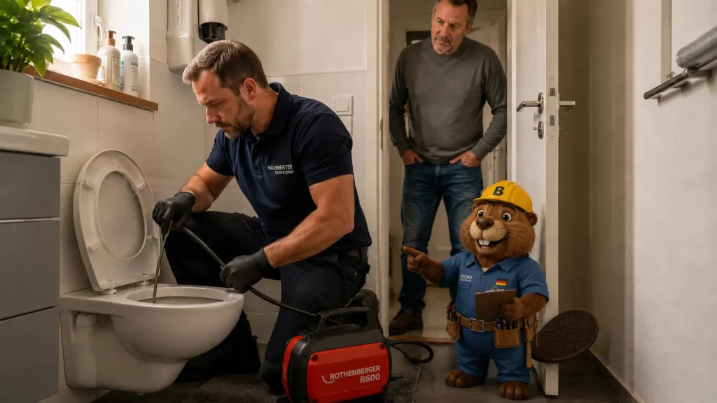 Ein Monteur beseitigt eine Toilettenverstopfung, während Bruno der Biber den Einsatz begleitet.