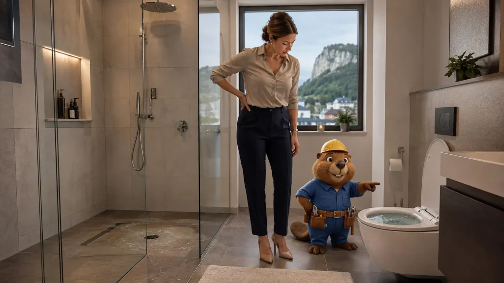 Eine Frau und Bruno der Biber bemerken einen Rückstau in Dusche und WC.