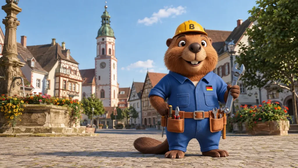Bruno der Biber auf dem Marktplatz von Schopfheim vor historischer Stadtkulisse.