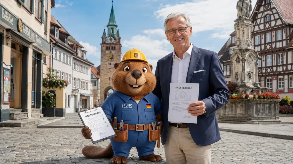 Bruno und ein Hauseigentümer stehen in Stockach mit Kaufvertrag und Arbeitsbericht auf dem historischen Marktplatz.