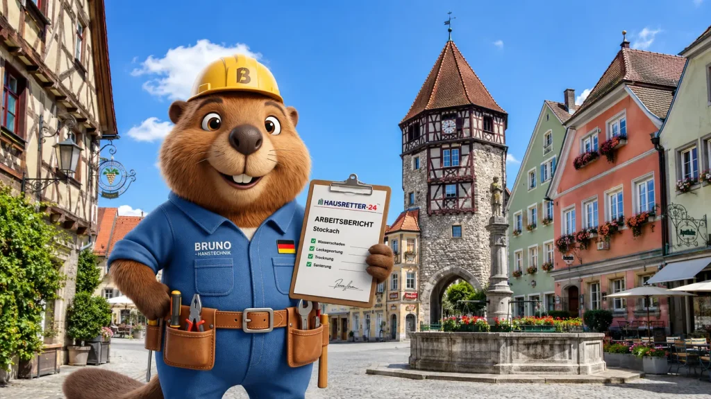 Bruno steht mit einem Arbeitsbericht vor dem historischen Obertor in der Stockacher Altstadt.