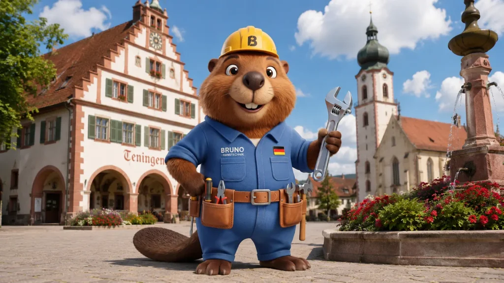 Bruno der Biber vor historischer Stadtkulisse in Teningen.