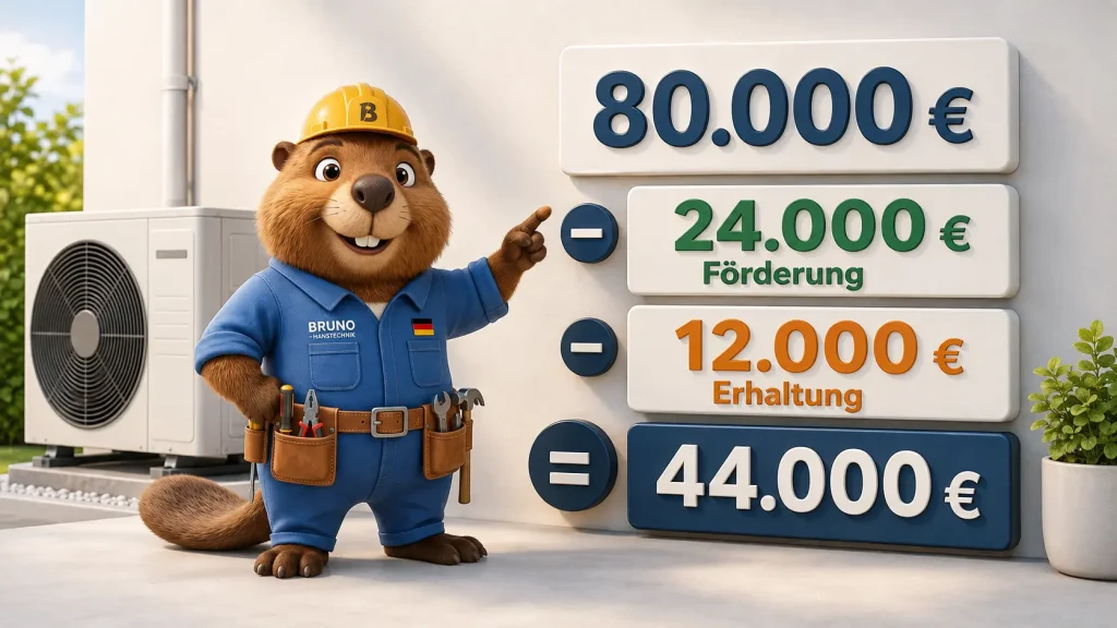 Bruno zeigt ein Rechenbeispiel zur Modernisierungsumlage mit 80.000 Euro Kosten, 24.000 Euro Förderung und 12.000 Euro Erhaltungsanteil