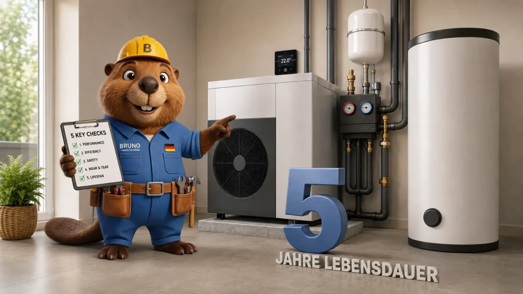 Bruno steht neben einer Wärmepumpe im Haus und zeigt eine Checkliste; eine große 3D-Zahl visualisiert wichtige Prüfpunkte zur Einschätzung der Lebensdauer.