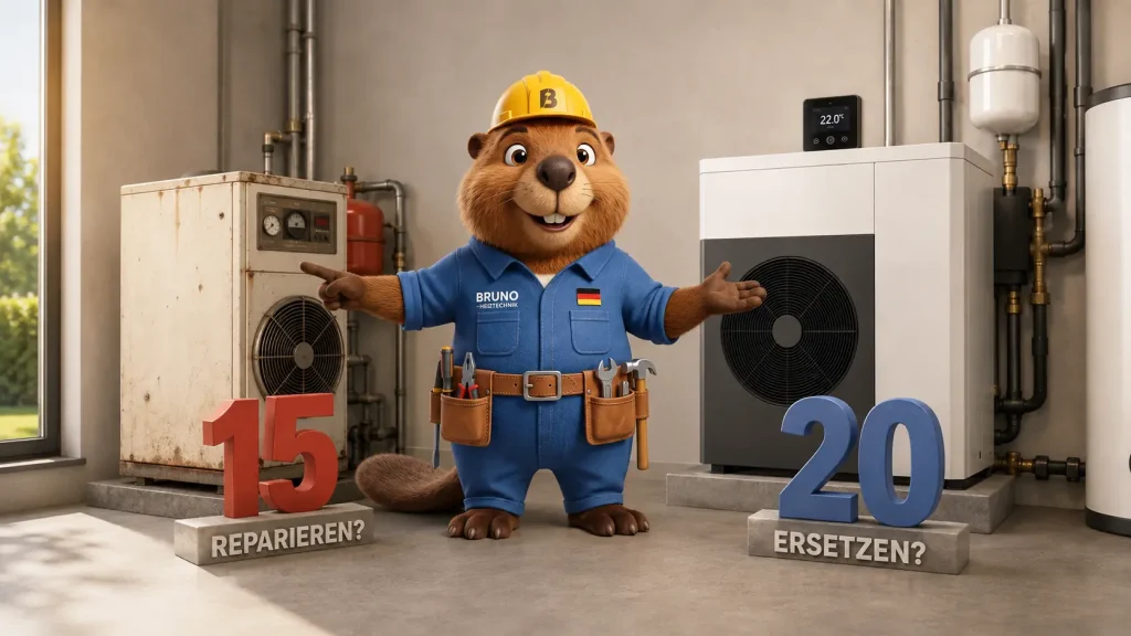 Bruno vergleicht eine ältere und eine moderne Wärmepumpe im Haus; große 3D-Zahlen 15 und 20 stehen für die Frage, ob eine Anlage repariert oder ersetzt werden sollte.