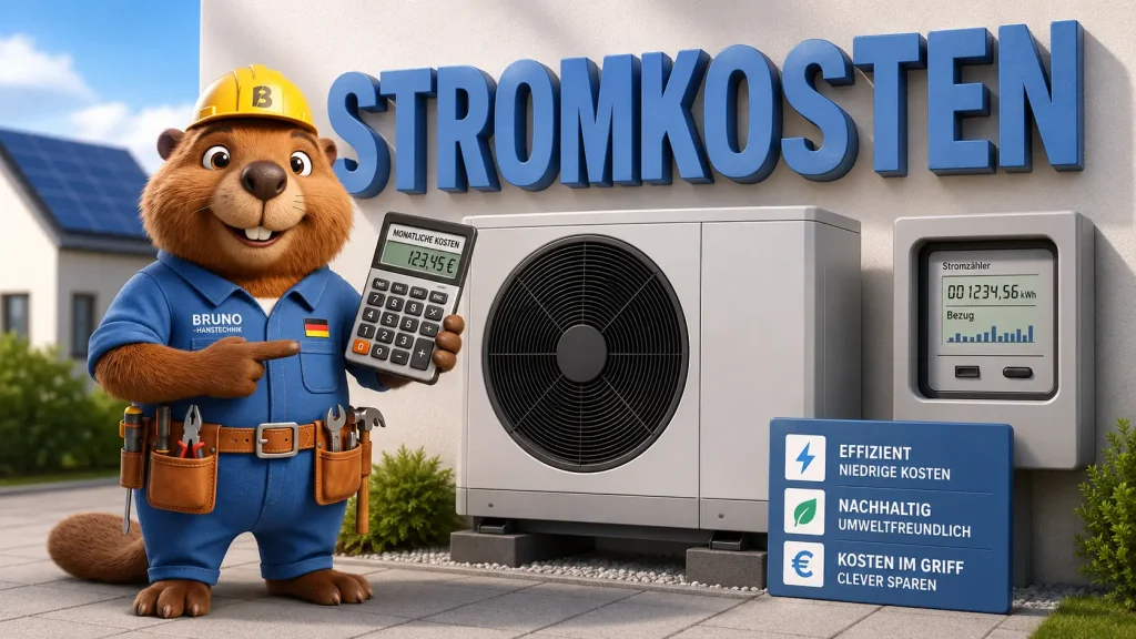 Bruno zeigt bei einer Wärmepumpe, welche Stromkosten und Nebenkosten Mieter zahlen müssen