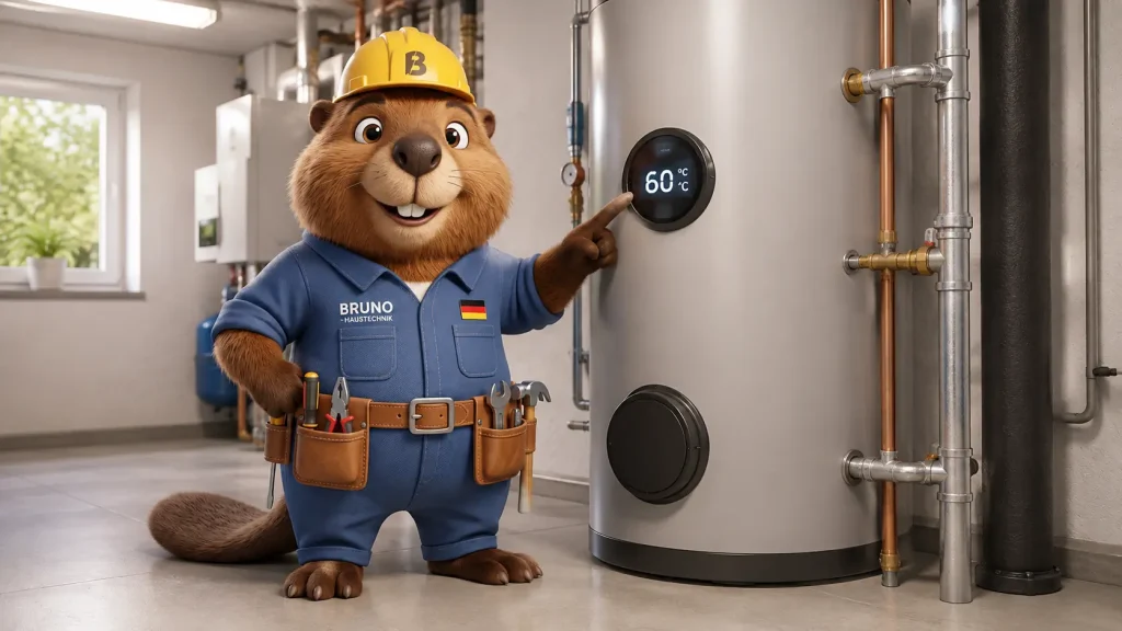 Bruno prüft am Warmwasserspeicher die Temperatur von 60 °C zum Schutz vor Legionellen