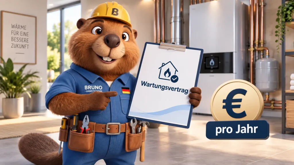Bruno der Biber zeigt einen Wartungsvertrag für die Heizung und erklärt die jährlichen Kosten.