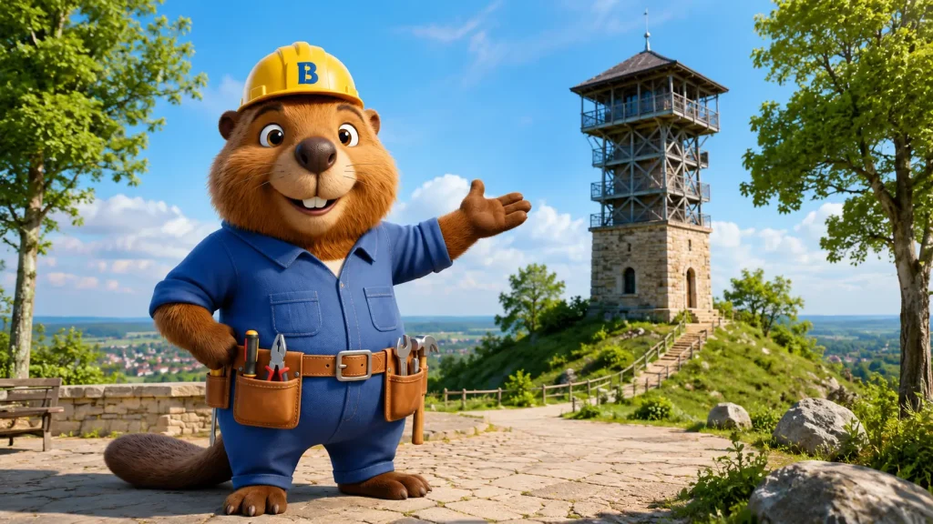 Bruno der Biber vor dem Zwei-Eichen-Turm in Pliezhausen