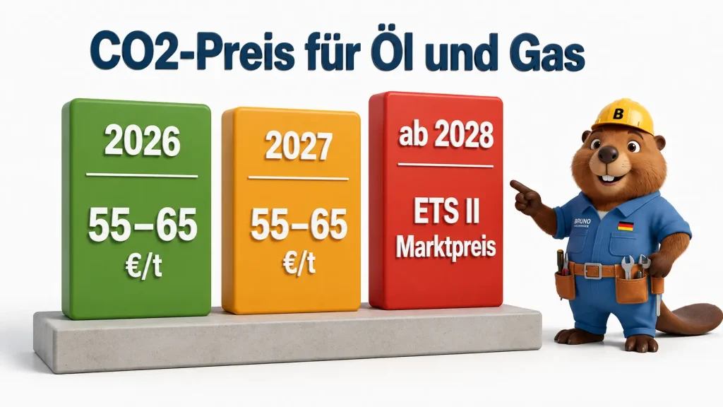 3D-Infografik mit Bruno zum CO2-Preis für Öl und Gas: 2026 und 2027 jeweils 55 bis 65 Euro pro Tonne, ab 2028 ETS II mit Marktpreis.