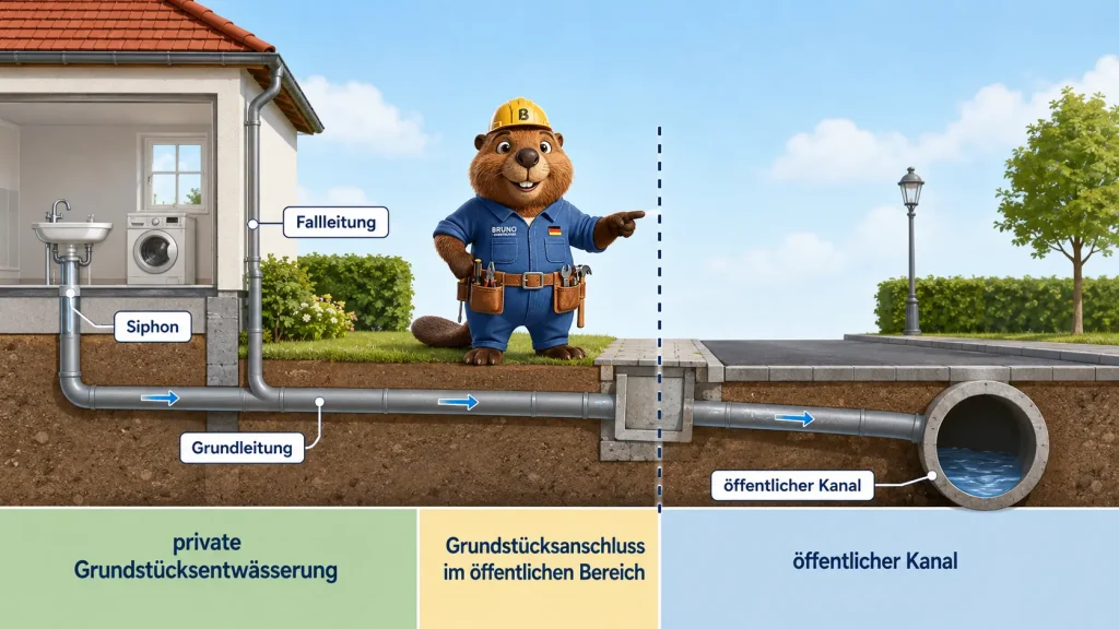 Schema der privaten Grundstücksentwässerung und des öffentlichen Kanals in Denzlingen