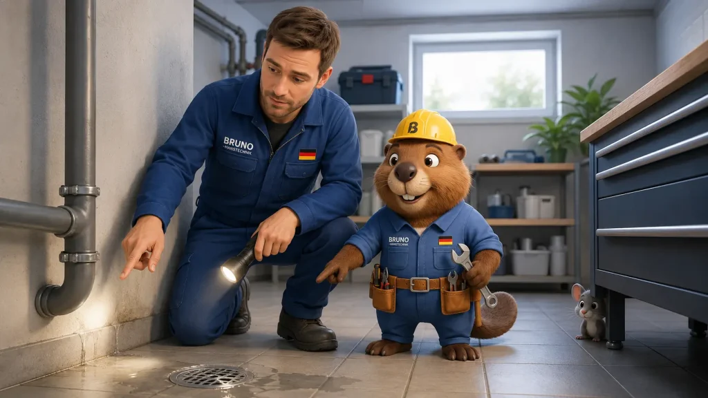 Techniker und Bruno prüfen Kellerablauf und Wandfuge, eine kleine Maus schaut hinter dem Werkzeugkasten hervor.