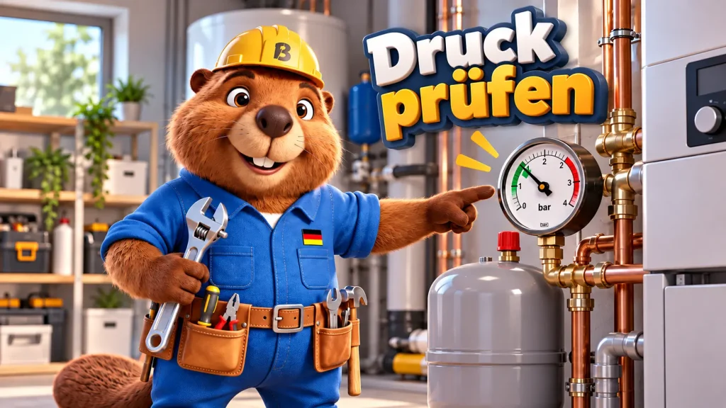 Bruno prueft den Anlagendruck an einem Manometer der Heizung.