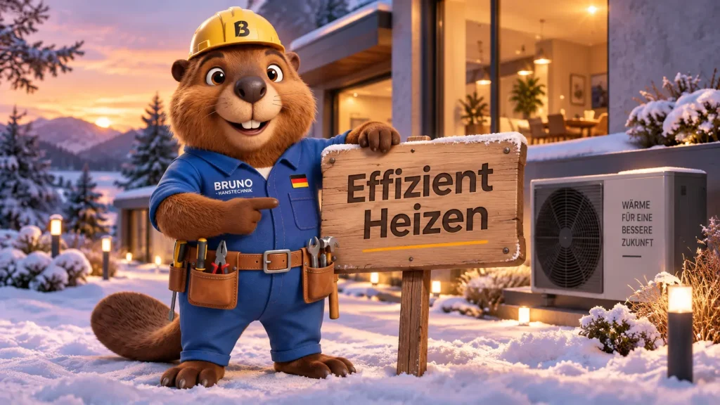 Bruno steht vor einem modernen Haus im Winter und zeigt, wie sich effizient heizen lässt.