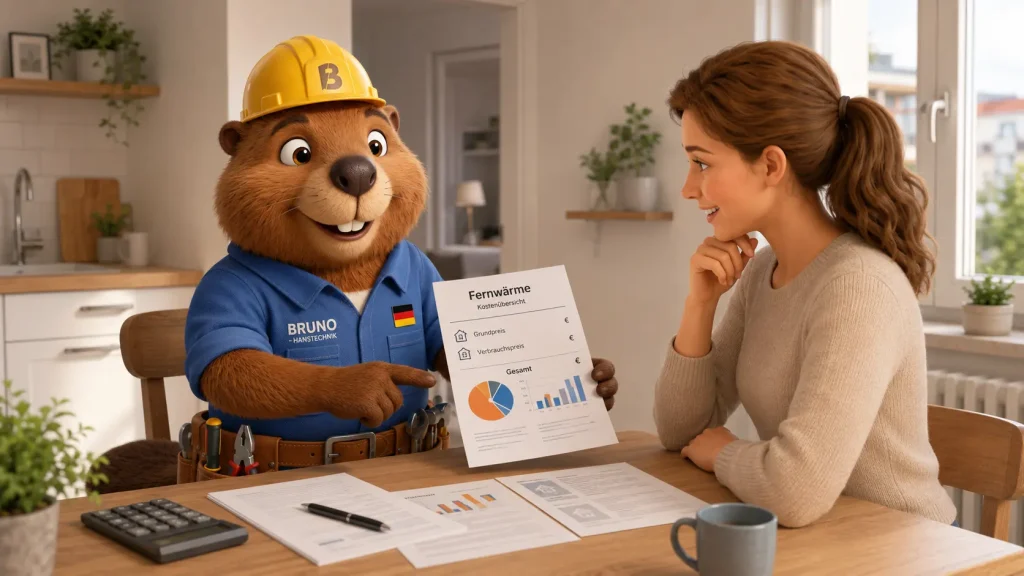 Bruno prüft mit einer Mieterin die Kostenübersicht für Fernwärme mit Grundpreis und Verbrauchspreis.