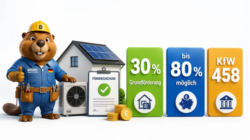 Förderung 2026 für Wärmepumpe und Photovoltaik: 3D-Infografik mit Zuschüssen und Bruno.