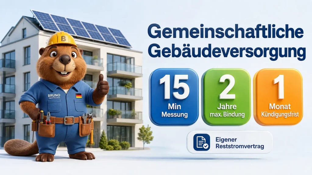 Gemeinschaftliche Gebäudeversorgung mit Bruno, PV-Anlage, 15-Minuten-Messung, 2 Jahren Bindung und Reststromvertrag