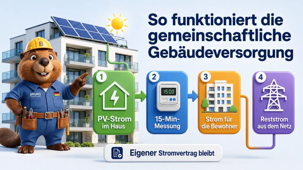 Gemeinschaftliche Gebäudeversorgung mit Bruno: PV-Strom, 15-Minuten-Messung, Reststrom und eigener Stromvertrag