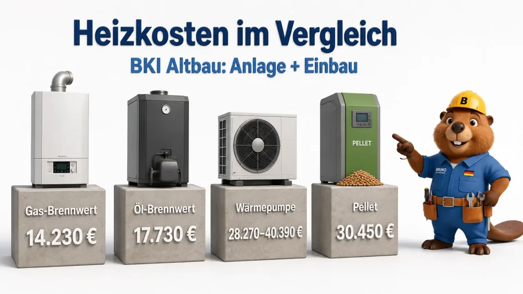 3D-Infografik mit Bruno zum Heizkostenvergleich im Altbau: Gas-Brennwert 14.230 Euro, Öl-Brennwert 17.730 Euro, Wärmepumpe 28.270 bis 40.390 Euro, Pellet 30.450 Euro.