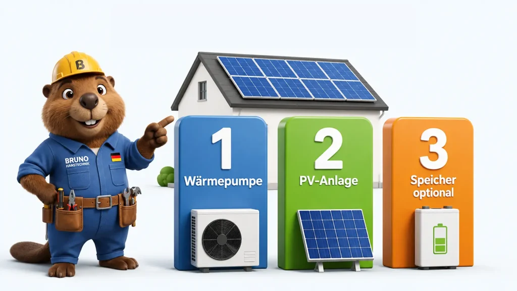 Kosten für Wärmepumpe, Photovoltaik und Speicher im Überblick: 3D-Infografik mit Bruno.