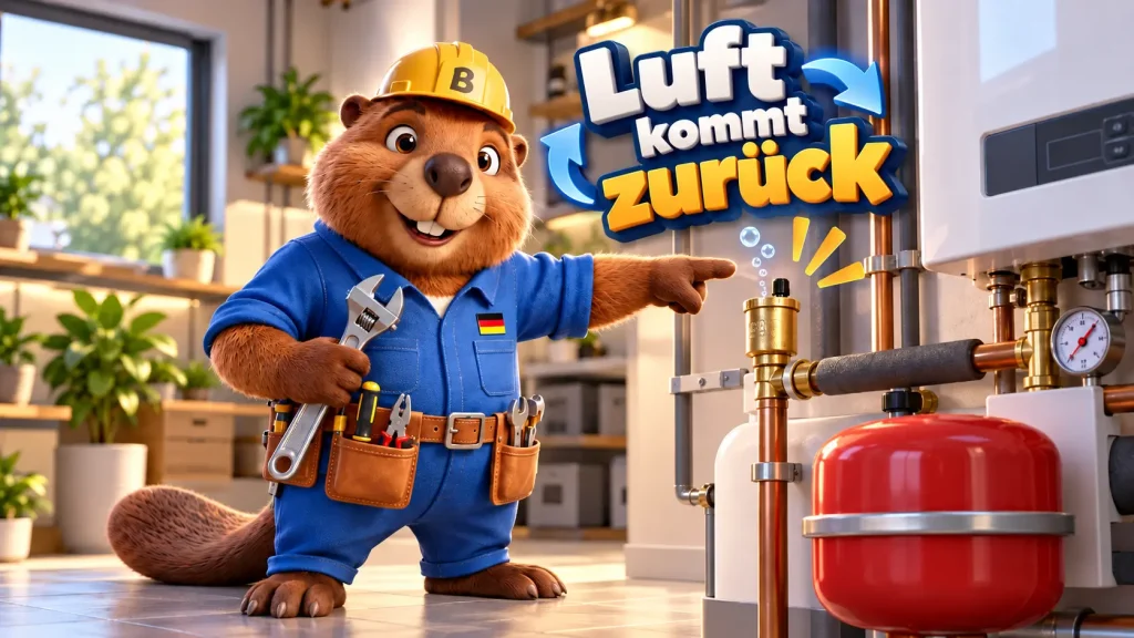 Bruno zeigt auf den Entluefter einer Heizung, in der immer wieder Luft auftritt.