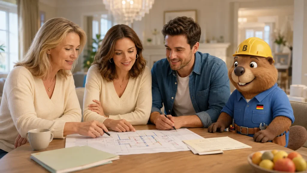 Familie bespricht mit Bruno einen Leitungsplan und die Kostenaufteilung.