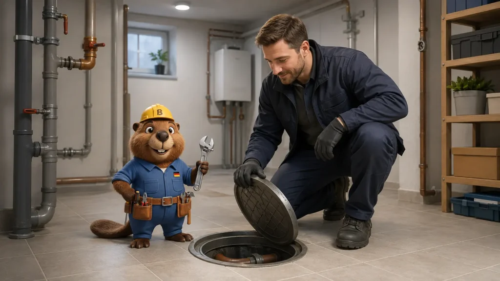 Techniker und Bruno prüfen einen Revisionszugang im Keller.