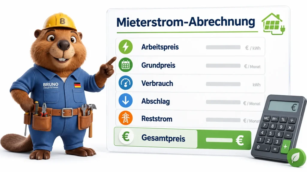3D-Infografik mit Bruno: So funktioniert Mieterstrom im Mehrfamilienhaus mit PV-Anlage, Stromzähler und Reststrom aus dem Netz
