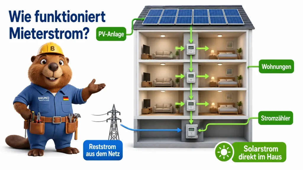 3D-Infografik mit Bruno zur Mieterstrom-Abrechnung mit Arbeitspreis, Grundpreis, Verbrauch, Abschlag, Reststrom und Gesamtpreis