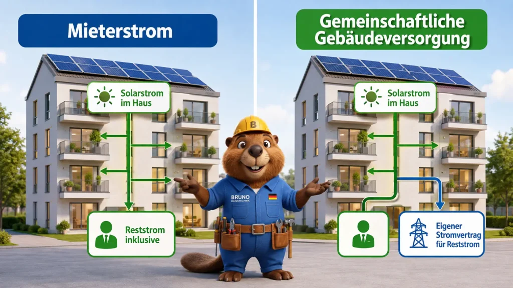 3D-Vergleich mit Bruno: Mieterstrom und gemeinschaftliche Gebäudeversorgung mit Solarstrom, Reststrom und eigenem Stromvertrag