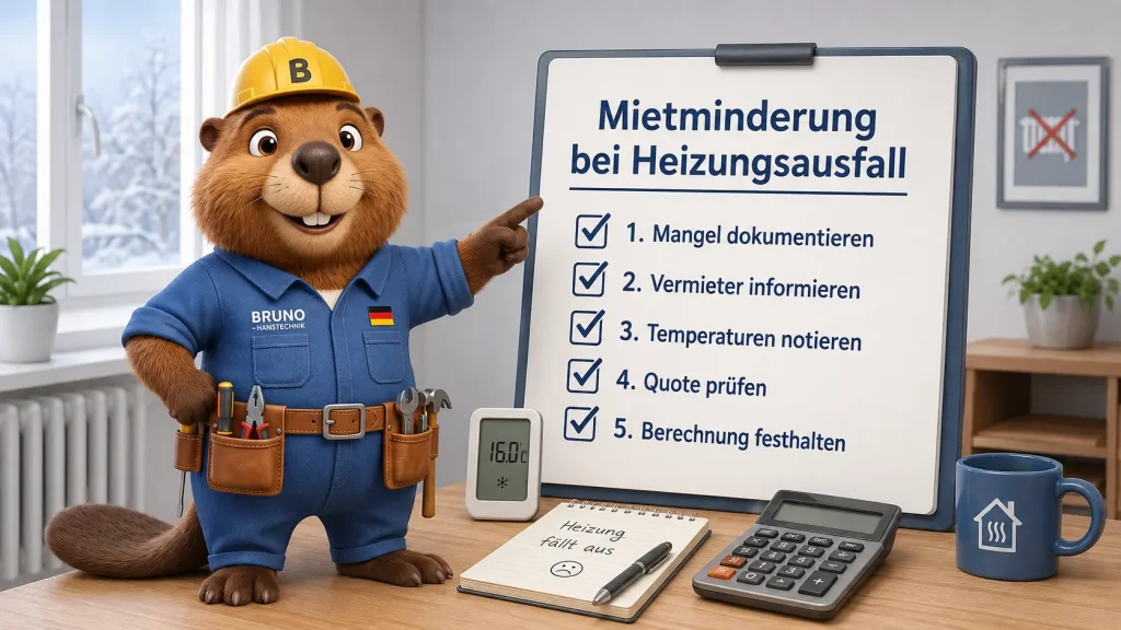 Bruno der Biber zeigt die wichtigsten Schritte bei Mietminderung wegen Heizungsausfall: dokumentieren, Vermieter informieren und Berechnung prüfen.