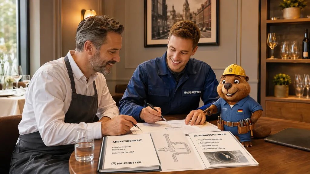 Restaurantbetreiber bespricht mit Techniker und Bruno Arbeitsbericht und Reinigungsmethode.