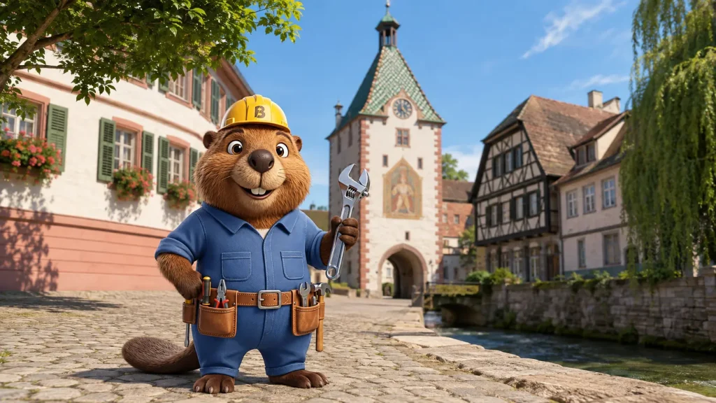 Bruno vor einer historischen Stadtkulisse in Müllheim im Markgräflerland.