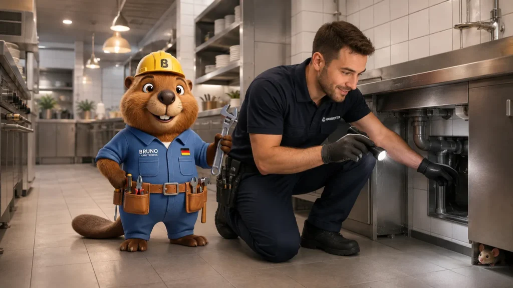 Techniker und Bruno prüfen die Küchenleitung, während eine kleine Maus hinter einem Schrankbein hervorschaut.